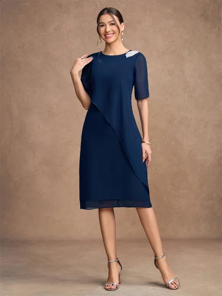 Sheath/Column Chiffon Beading Scoop 1/2 Sleeves Knee-Length Mother of the Bride Dresses
