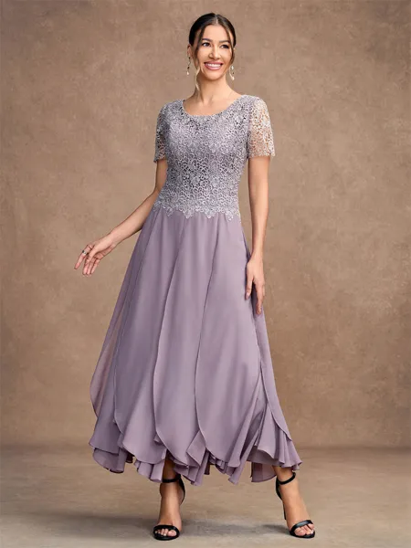 A-Line/Princess Chiffon Lace Scoop Short Sleeves Ankle-Length Mother of the Bride Dresses