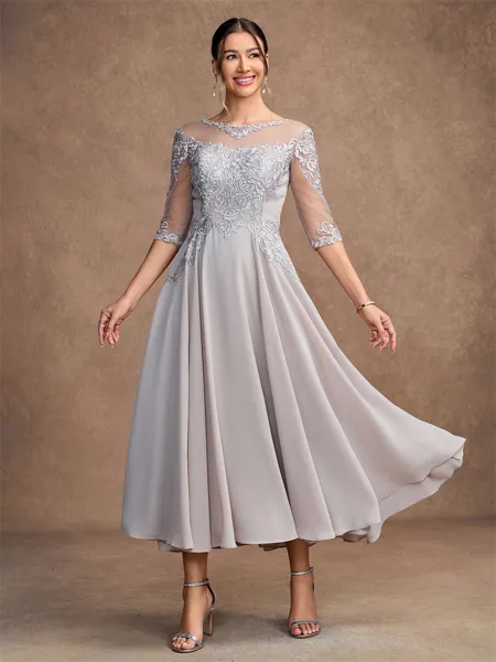A-Line/Princess Chiffon Lace Scoop 3/4 Sleeves Tea-Length Mother of the Bride Dresses