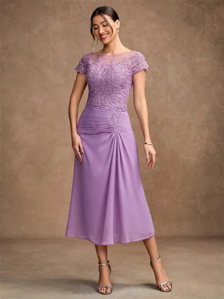 Sheath/Column Chiffon Applique Scoop Short Sleeves Tea-Length Mother of the Bride Dresses