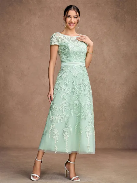 A-Line/Princess Tulle Lace Scoop Short Sleeves Tea-Length Mother of the Bride Dresses