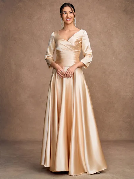 A-Line/Princess Silk Like Satin Ruched V-neck 3/4 Sleeves Ankle-Length Mother of the Bride Dresses