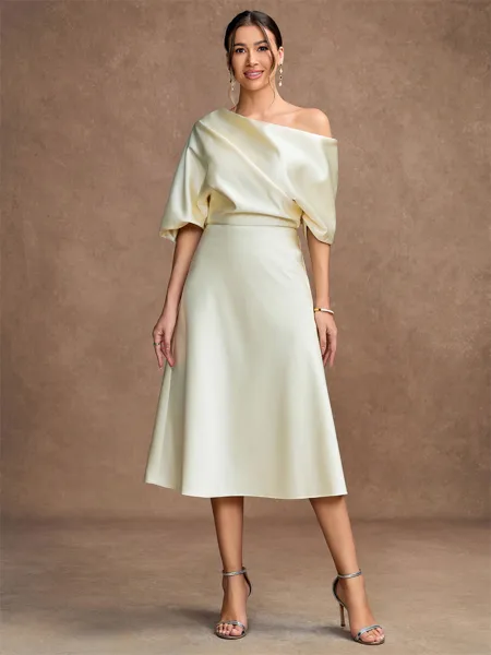 A-Line/Princess Charmeuse Ruched Off-the-Shoulder 1/2 Sleeves Tea-Length Mother of the Bride Dresses