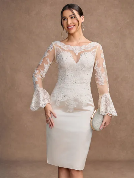Sheath/Column Satin Lace Scoop Long Sleeves Knee-Length Mother of the Bride Dresses