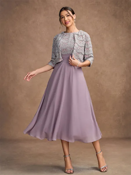 A-Line/Princess Chiffon Lace Scoop Sleeveless Tea-Length Mother of the Bride Dresses