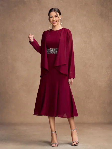 Sheath/Column Chiffon Beading Scoop Sleeveless Tea-Length Mother of the Bride Dresses