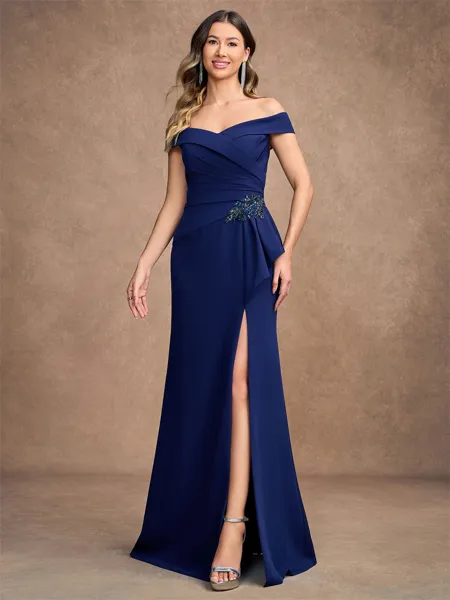 Sheath Off-the-Shoulder Appliques Lace Floor-Length Stretch Crepe Mother of the Bride Dress