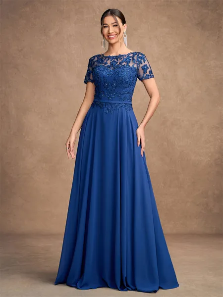 A-line Scoop Short Sleeves Appliques Lace Floor-Length Chiffon Mother of the Bride Dress