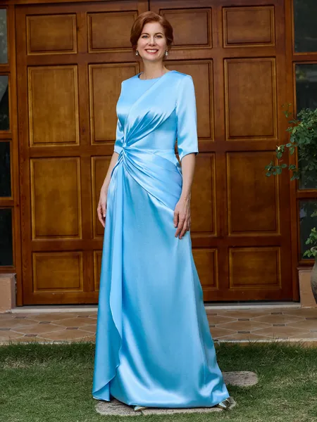 Sheath Scoop 1/2 Sleeves Pleated Floor-Length Silk Like Satin Mother of the Bride Dress