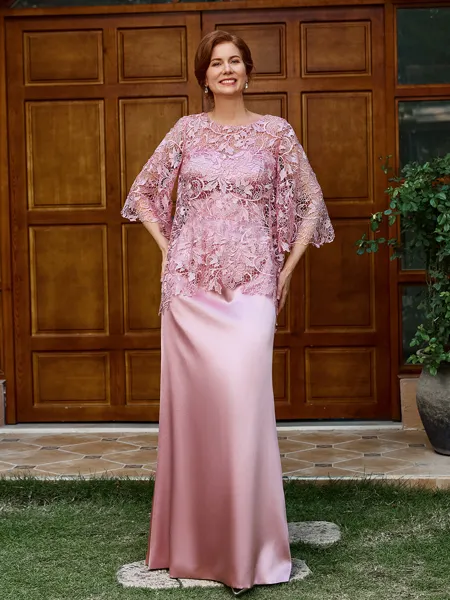 Sheath Scoop 3/4 Sleeves Appliques Lace Floor-Length Silk Like Satin Mother of the Bride Dress
