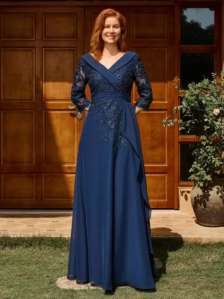 A-line V-neck 3/4 Sleeves Appliques Lace Floor-Length Chiffon Mother of the Bride Dress