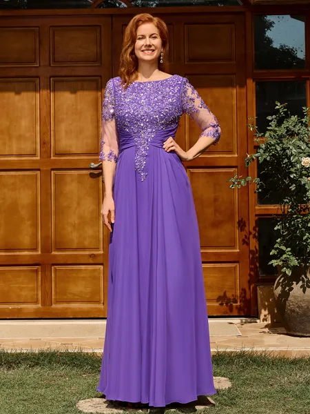 A-line Scoop 1/2 Sleeves Appliques Lace Floor-Length Chiffon Mother of the Bride Dress