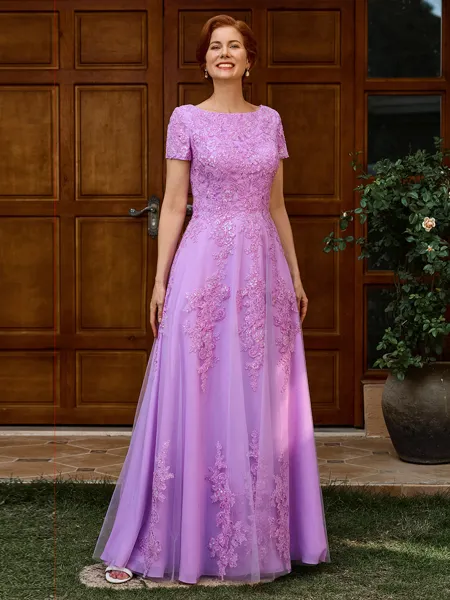 A-line Scoop Short Sleeves Appliques Lace Floor-Length Tulle Mother of the Bride Dress