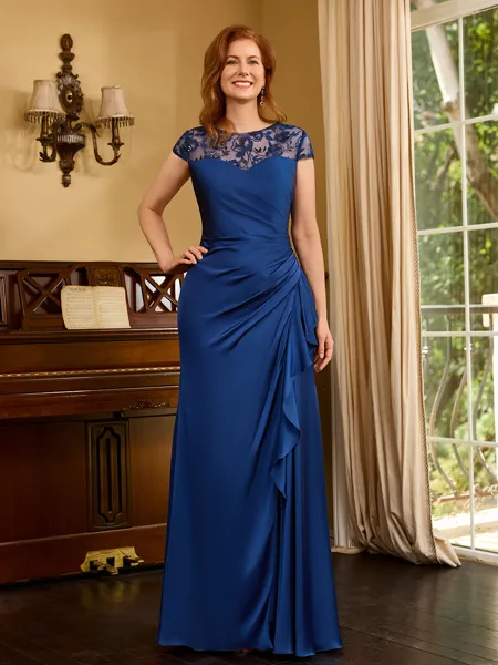 Sheath Scoop Short Sleeves Appliques Lace Floor-Length Satin Chiffon Mother of the Bride Dress