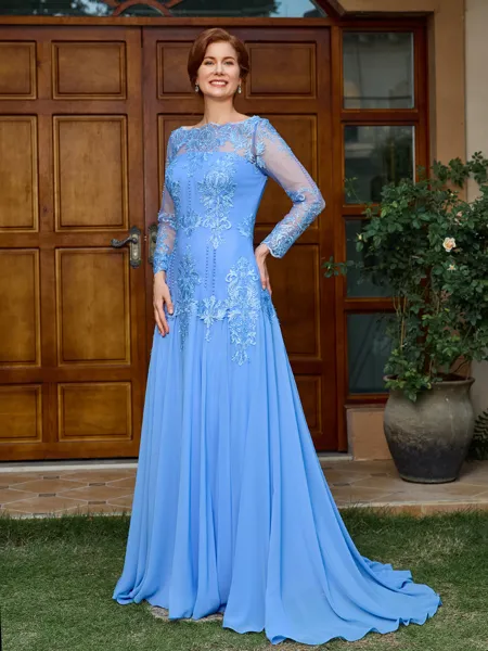 A-line Bateau Long Sleeves Appliques Lace Sweep Train Chiffon Mother of the Bride Dress