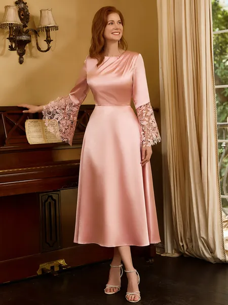 A-line Scoop Long Sleeves Appliques Lace Tea-Length Silk Like Satin Mother of the Bride Dress
