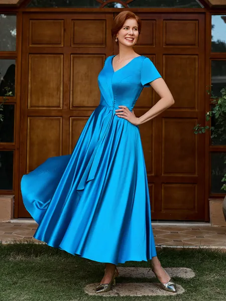 A-line V-neck Short Sleeves Pleated Ankle-Length Silk Like Satin Mother of the Bride Dress