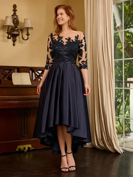 A-line Bateau 3/4 Sleeves Appliques Lace Asymmetrical Satin Mother of the Bride Dress