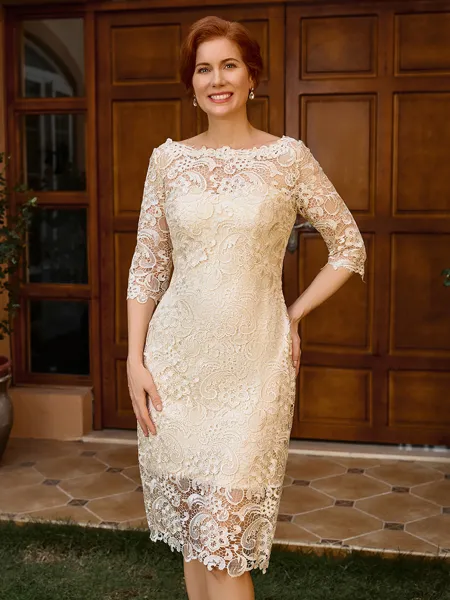 Sheath Bateau 3/4 Sleeves Knee-Length Lace Mother of the Bride Dress