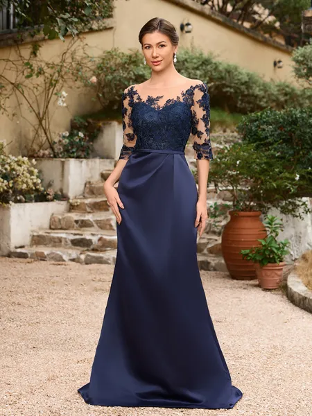 Sheath/Column Satin Applique Bateau 1/2 Sleeves Sweep/Brush Train Mother of the Bride Dresses