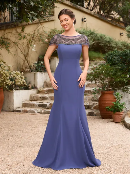 Sheath/Column Chiffon Beading Bateau Short Sleeves Floor-Length Mother of the Bride Dresses