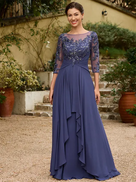 A-Line/Princess Chiffon Applique Bateau 3/4 Sleeves Floor-Length Mother of the Bride Dresses