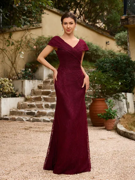 Sheath/Column Lace Ruched V-neck Short Sleeves Floor-Length Mother of the Bride Dresses