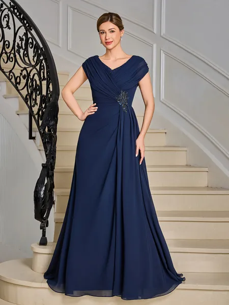 A-line V-neck Pleated Floor-Length Chiffon Mother of the Bride Dress