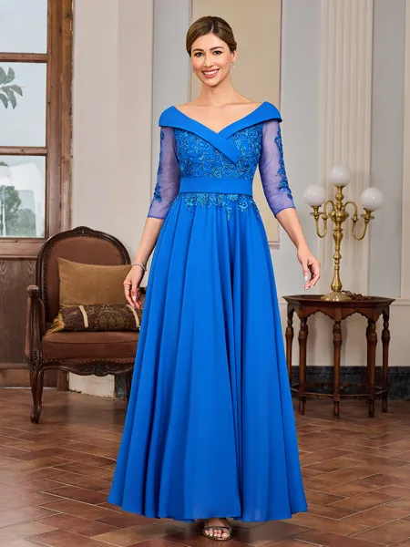 A-line V-neck 3/4 Sleeves Appliques Lace Ankle-Length Chiffon Mother of the Bride Dress