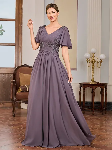 A-line V-neck Short Sleeves Appliques Lace Floor-Length Chiffon Mother of the Bride Dress