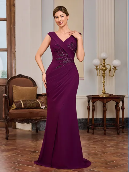 Sheath V-neck Beading Floor-Length Chiffon Mother of the Bride Dress