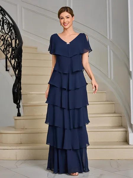 Sheath V-neck Short Sleeves Cascading Ruffles Ankle-Length Chiffon Mother of the Bride Dress