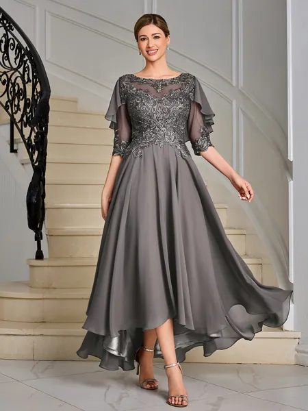 A-line Scoop 1/2 Sleeves Appliques Lace Asymmetrical Chiffon Mother of the Bride Dress