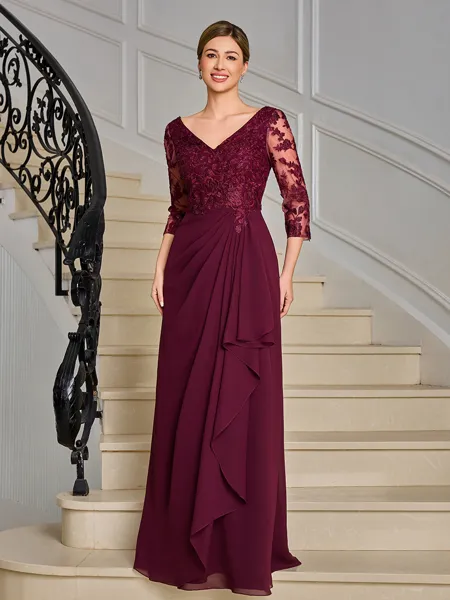 A-line V-neck 3/4 Sleeves Appliques Lace Floor-Length Chiffon Mother of the Bride Dress
