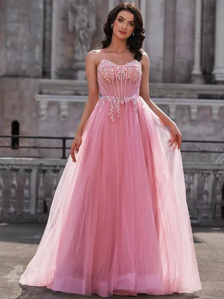 A-line Sweetheart Appliques Lace Sweep Train Tulle Corset Porm Dress