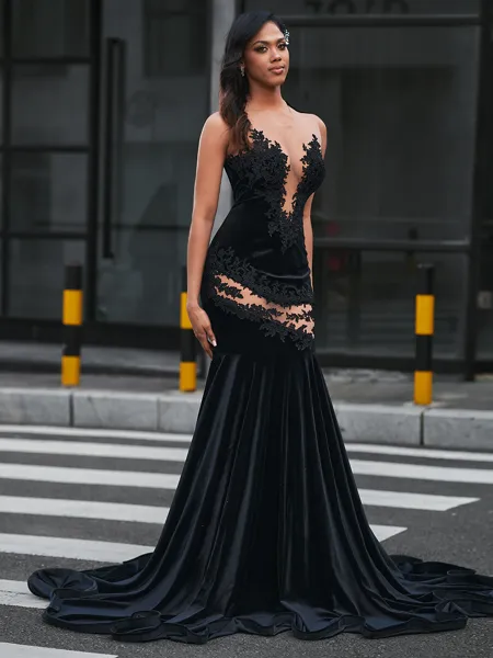 Mermaid Scoop Appliques Lace Sweep Train Velvet Porm Dress