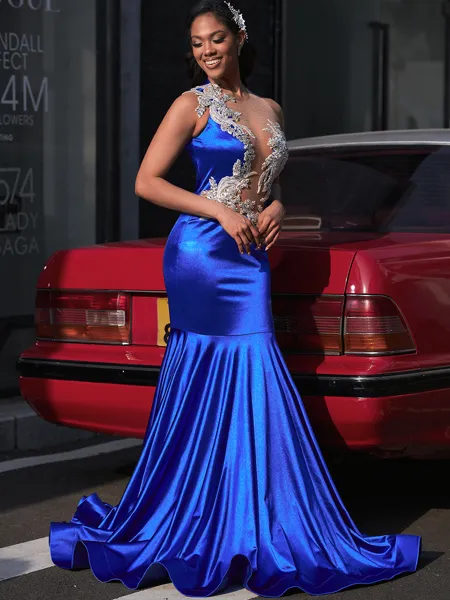 Mermaid Scoop Appliques Lace Floor-Length Porm Dress