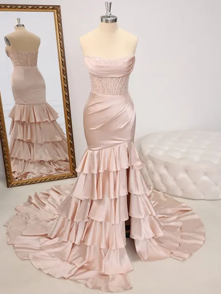 Sheath Straight Appliques Lace Court Train Silk Like Satin Corset Porm Dress