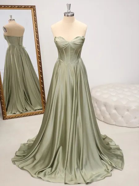 A-line Sweetheart Pleated Floor-Length Silk Like Satin Corset Porm Dress