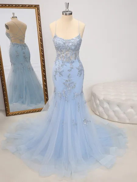 Sheath Spaghetti Straps Appliques Lace Court Train Tulle Corset Porm Dress