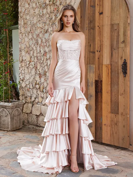 Sheath Straight Appliques Lace Court Train Silk Like Satin Corset Porm Dress