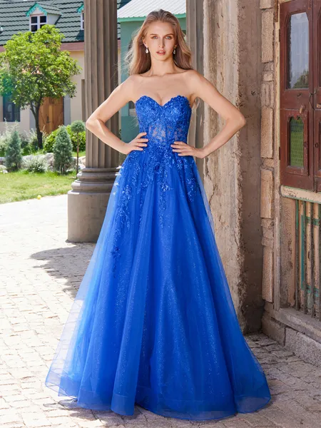 A-line Sweetheart Appliques Lace Sweep Train Tulle Corset Dress