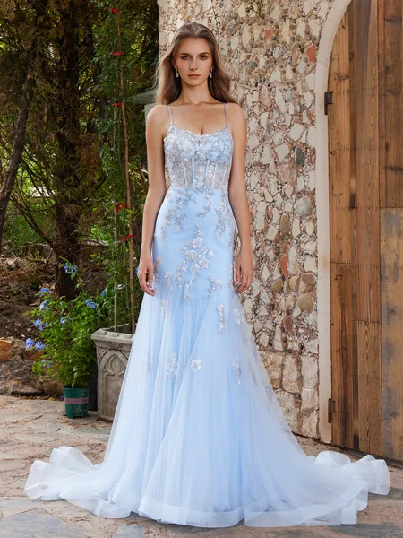 Sheath Spaghetti Straps Appliques Lace Court Train Tulle Corset Porm Dress