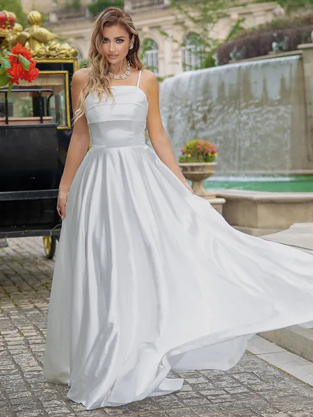 A-line/Princess Satin Spaghetti Straps Sleeveless Sweep Train Wedding Dress