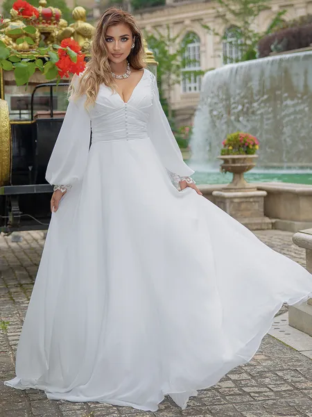 A-line/Princess Chiffon V-neck Long Sleeves Sweep Train Wedding Dress