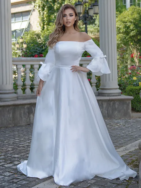 A-line/Princess Charmeuse Off-the-Shoulder 3/4 Sleeves Sweep Train Wedding Dress