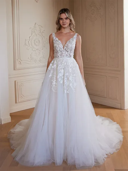 A-Line/Princess Tulle Applique V-neck Sleeveless Chapel Train Wedding Dresses