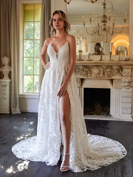 A-Line/Princess Lace V-neck Sleeveless Chapel Train Wedding Dresses