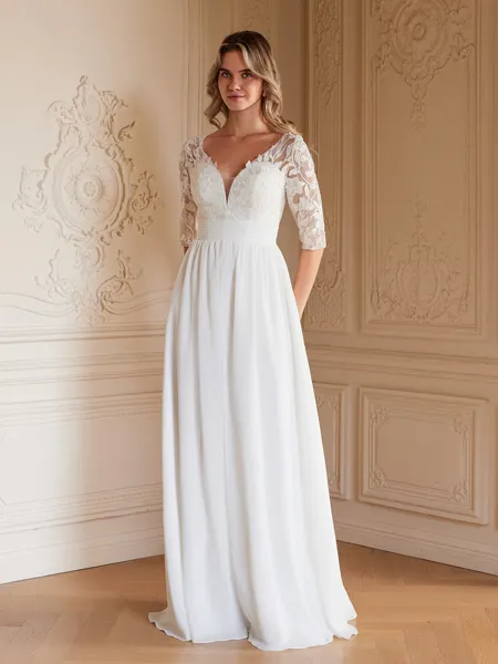 A-Line/Princess Chiffon Lace V-neck 1/2 Sleeves Floor-Length Wedding Dresses