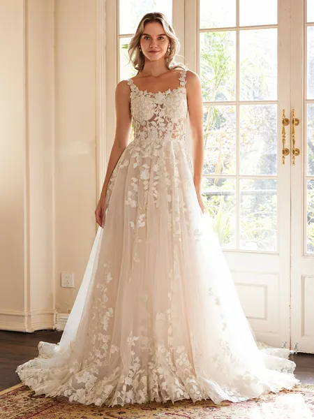 A-Line/Princess Tulle Applique Straps Sleeveless Court Train Wedding Dresses